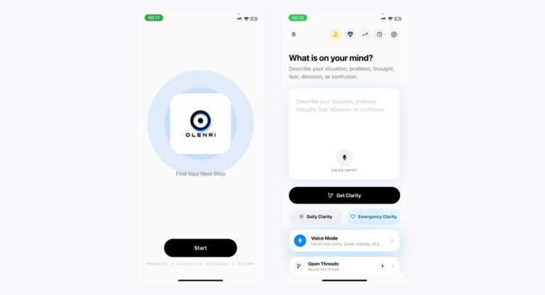 OLENRI app welcome and situation input screens