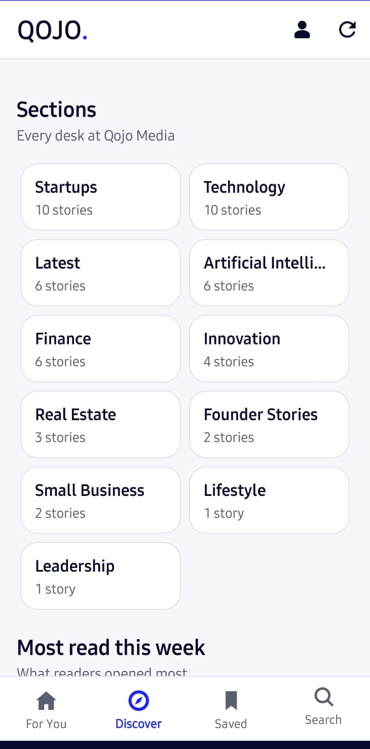 Qojo app Discover screen with all news sections