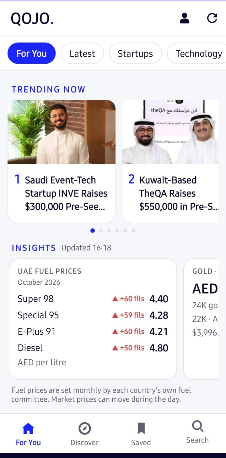 Qojo app home feed showing trending stories and market insights