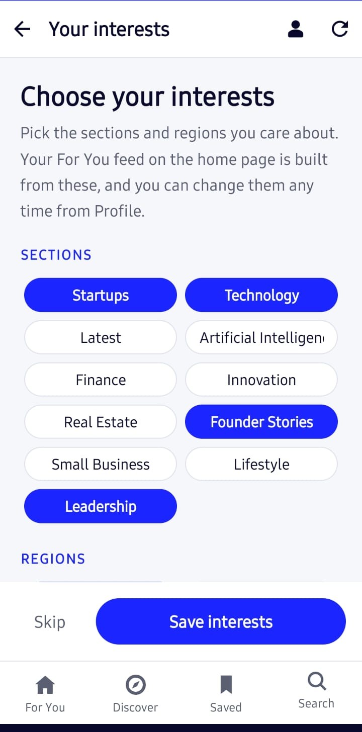 Qojo app interests picker with news sections to follow