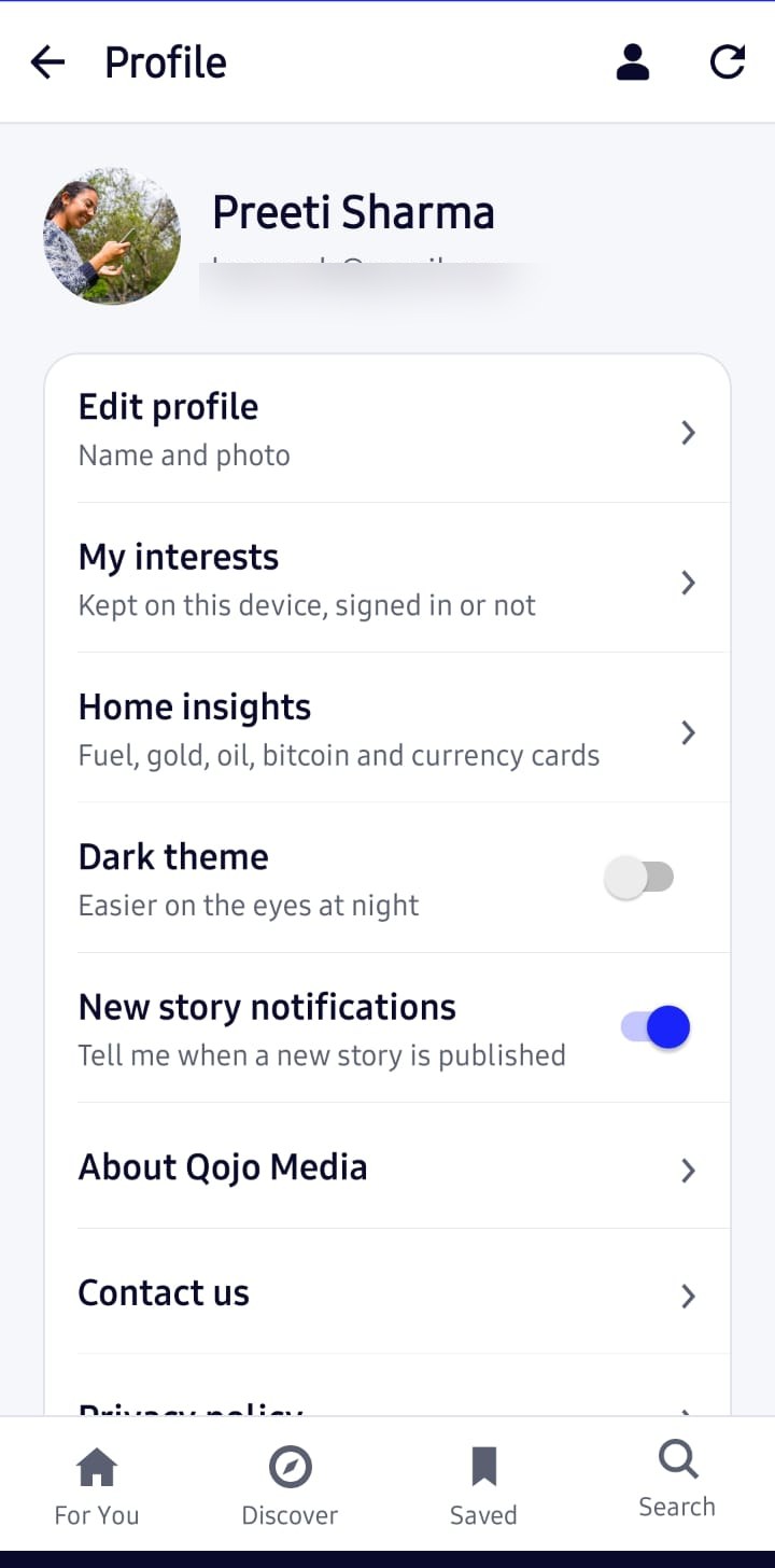 Qojo app profile screen with account settings