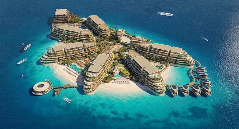 Aerial render of the SAMANA COLLECTA flagship development at The World Islands in Dubai, with branded residences, beaches and floating villas