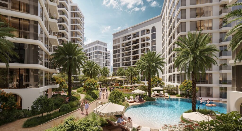 Render of the resort-style pool courtyard at Seef Residences by Alef Group in Al Khan, Sharjah