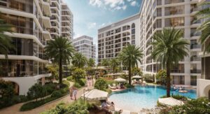 Render of the resort-style pool courtyard at Seef Residences by Alef Group in Al Khan, Sharjah
