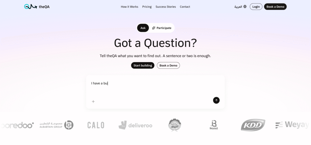 Screenshot of the TheQA homepage, showing the Ask and Participate consumer research platform