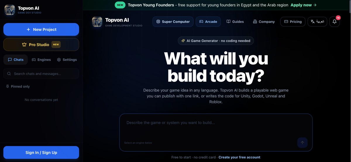 The Topvon AI platform showing its game creation workspace
