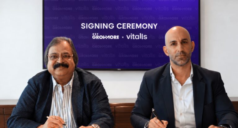 Dr. Sindhu Bhaskar of EST Group and Mehdi Bouchenak of Vitalls signing the seed investment agreement in Abu Dhabi