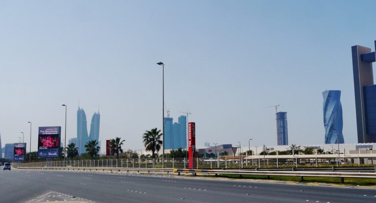 Manama skyline with the Bahrain World Trade Center and Harbour Towers in Bahrain
